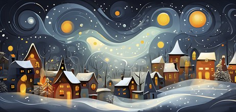 Cozy winter night scene with abstract forms representing a snow-covered village, AI generated