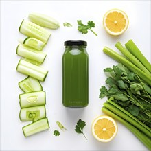 Minimalist lay flat composition of a bottle of vibrant green detox juice surrounded by green fruit