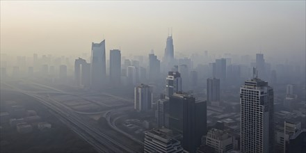 Aerial view of a mega city with smog and pollution, AI generated