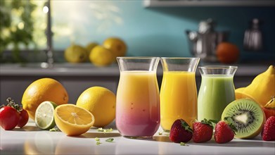 Smoothie surrounded by an assortment of fruits and vegetables, AI generated