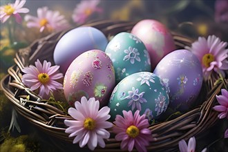 Pastel-colored Easter eggs in a wicker basket, surrounded by delicate spring flowers like daisies