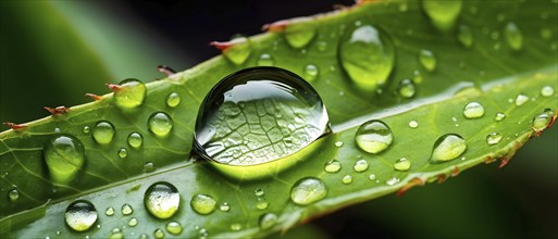 Raindrop on a fresh spring leaf, perfectly reflecting the surrounding garden in the droplet, AI