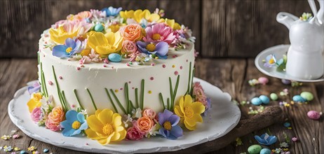 Decorated Easter cake with intricate icing flowers and colorful sprinkles, placed on a rustic