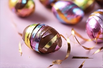 Small chocolate Easter eggs wrapped in shiny foil, placed on a bed of shredded pastel-colored