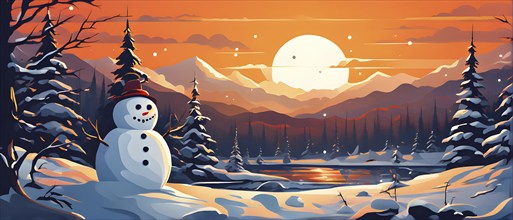 Abstract illustration of a snowman in an idyllic snowy winter landscape, hills and mountains and