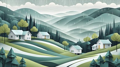 Landscape set in paper art style featuring houses tucked between verdant trees and rolling hills,