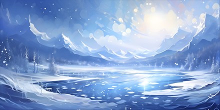 Abstract illustration of dreamy, icy landscape with swirling blues, whites, and silvers, evoking