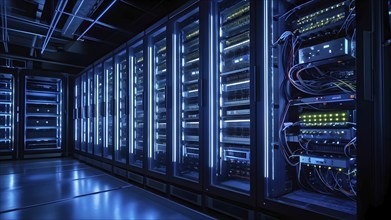 Modern server room filled with racks of computers and intricate installations, AI generated