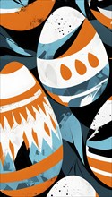 Illustration of an abstract Easter egg design with geometric patterns, bold colors, and a mix of