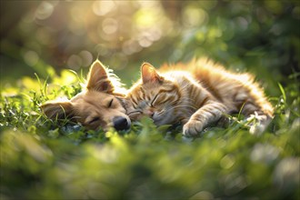 Cute young dog and cat sleeping in grass. KI generiert, generiert, AI generated