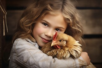 Young child hugging a chicken. KI generiert, generiert, AI generated