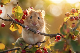 Cute hamster sitting in tree with berry fruits. KI generiert, generiert, AI generated