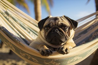 Pug dog hanging in hammock at tropical beach in summer. KI generiert, generiert, AI generated