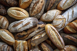 Top view of many different types of bread. KI generiert, generiert, AI generated