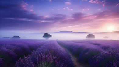 Lavender fields basking in a blanket of fog in sunrise, AI generated