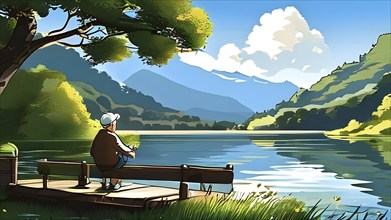 Cartoon vector illustration of an elderly man at a tranquil mountain lake, AI generated