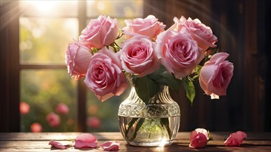 Vase of pink roses aligned on an aged oak wood table, AI generated