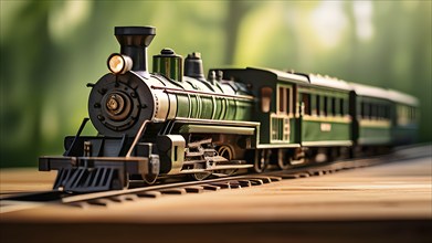 Vintage wooden locomotive toy with a playful design in front of blurred background, AI generated