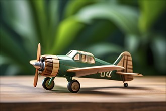 Vintage wooden plane toy with a playful design in front of blurred background, AI generated