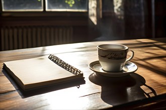 Notebook and coffee cup on a rustic wooden table in a tranquil scenery, AI generated