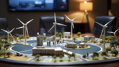 Scale model of a wind turbine adjacent to miniature houses, AI generated