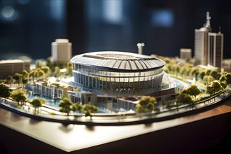 Scale model of soccer stadium on a polished conference table, AI generated