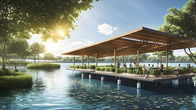 3d rendering of a sustainable engaged waterfront development with floating solar panels, AI