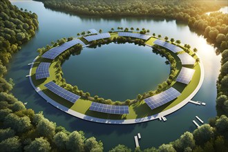 3d rendering of a sustainable engaged waterfront development with floating solar panels, AI