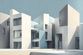 Minimalist architectural composition of modern buildings, with clean angles, rendered in geometric