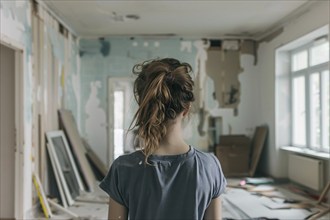 Back view of young woman in apartment room with walls in need of renovation. Generative AI, AI