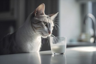 Cat in front of glass of milk. KI generiert, generiert AI generated