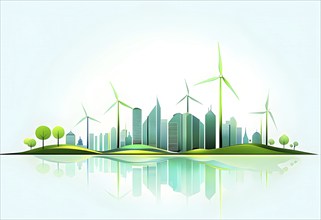 Abstract visual illustration of a city skyline where buildings morph into wind turbines and tree,