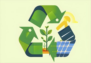 Recycling symbol morphing into growing plants and solar cells to symbolize the transformation of