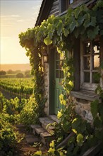 AI generated close up of a rustic vineyard cottage nestled amidst lush summer colored vine leaves