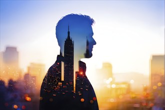 AI generated profile of a businessman with a double exposure of city lights, representing business