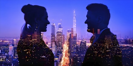 AI generated profile of business professionals with a double exposure of city lights, representing