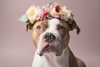 Pittbull dog with flower crown on head in front of pink studio background. KI generiert, generiert