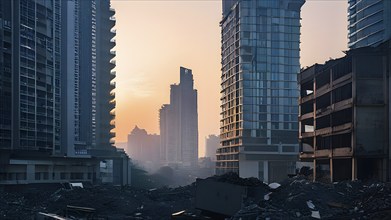 Contrast of modern skyscrapers looming over an ancient abandoned district, AI generated