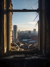 View from inside looking out through a broken window framing the contrast lost and modern, AI