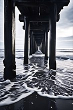 Old pier skeletal remains extend into the sea waves continuously erode its pillars, AI generated