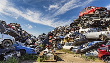 Symbolism, large junkyard with wrecked cars, scrap cars, scrap metal, AI-generated, AI-generated,