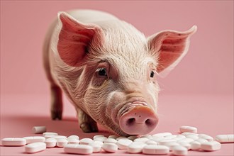 Pig next to medical pills on studio background with copy space. Concept for antibiotics use in