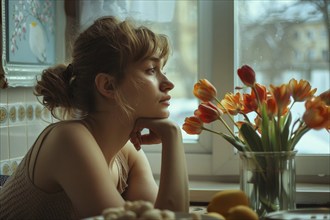 A young woman sits at the window next to a vase of orange tulips, she looks sad and thoughtful, AI