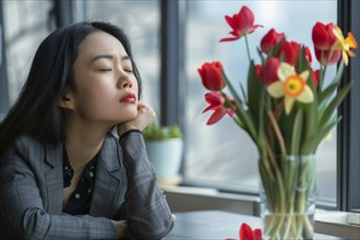 A businesswoman sits dozing at a table, next to her is a vase of flowers with tulips and daffodils,