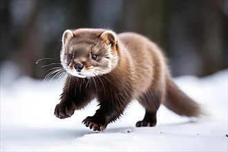 European mink mid stride side profile against white background, AI generated