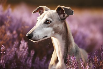 Greyhound dog in field of purple summer heather flowers. KI generiert, generiert AI generated