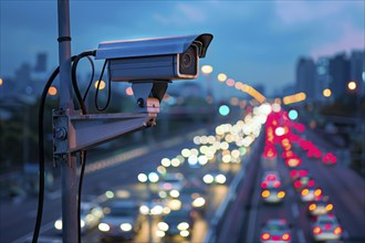 A surveillance camera, CCTV, traffic monitoring on a motorway, blue hour, AI generated, AI