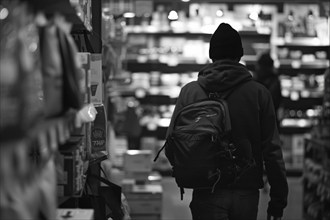 A darkly dressed man with a cap and rucksack in a shop, salesroom, symbolic image for shoplifting,