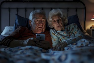 An elderly couple lies in their bedroom in their marital bed and looks at a smartphone, worried,