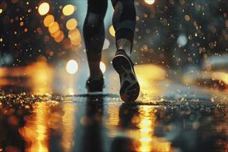 A jogger runs along a road at night in rainy weather, accident risk, risk sport, AI generated, AI